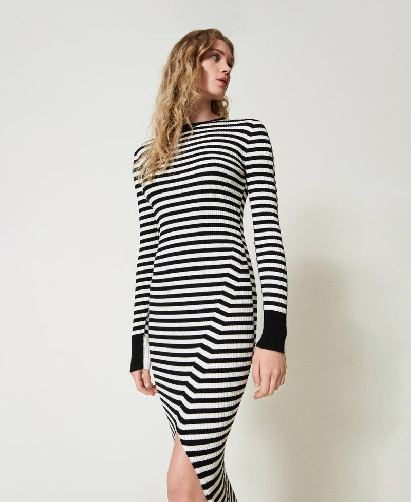Long striped knit dress Two-tone Black / Snow White Woman 242TF3010_12063_01