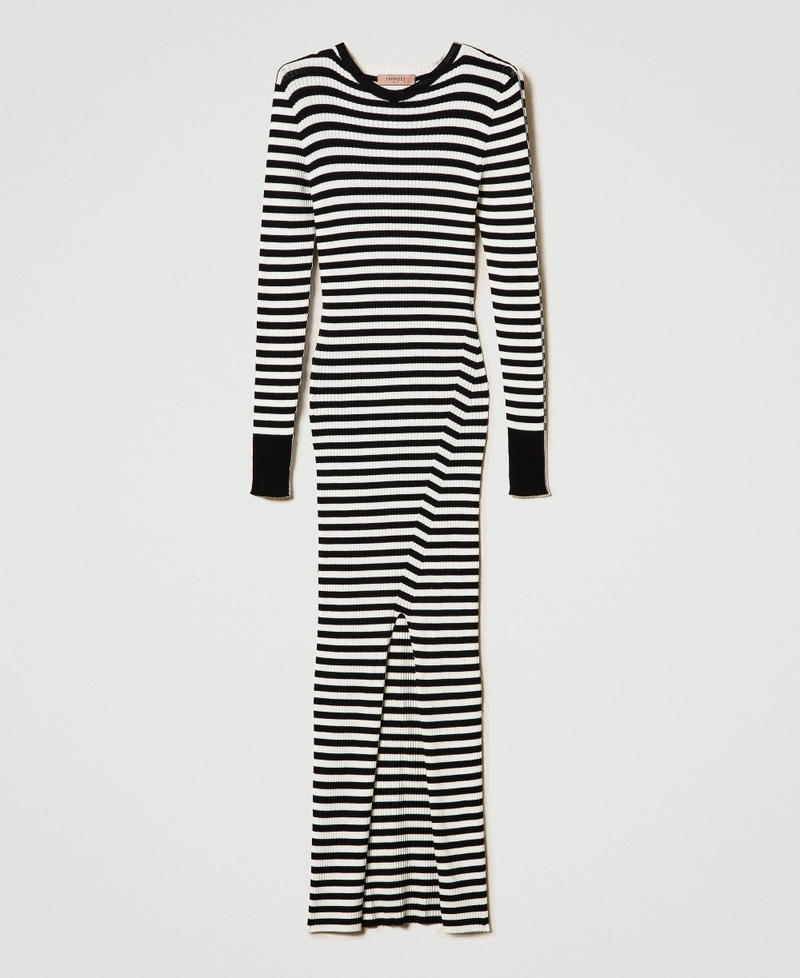 Long striped knit dress Two-tone Black / Snow White Woman 242TF3010_12063_S0