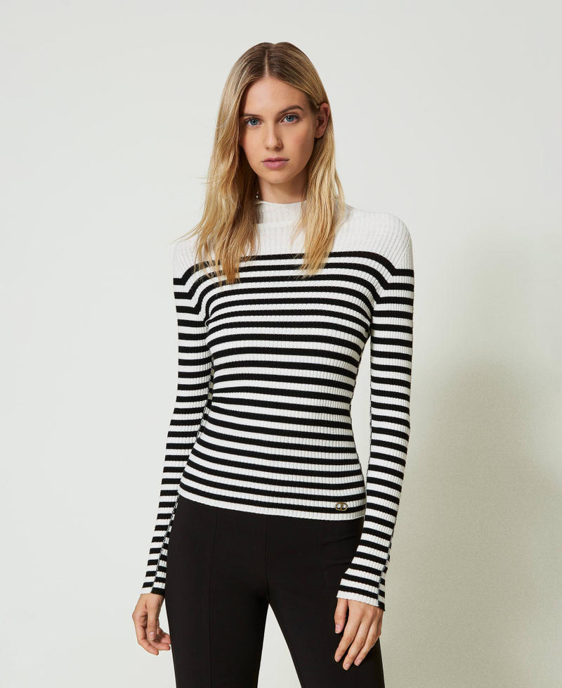 Fitted striped jumper Two-tone Black / Snow White Woman 242TF3011_12063_01