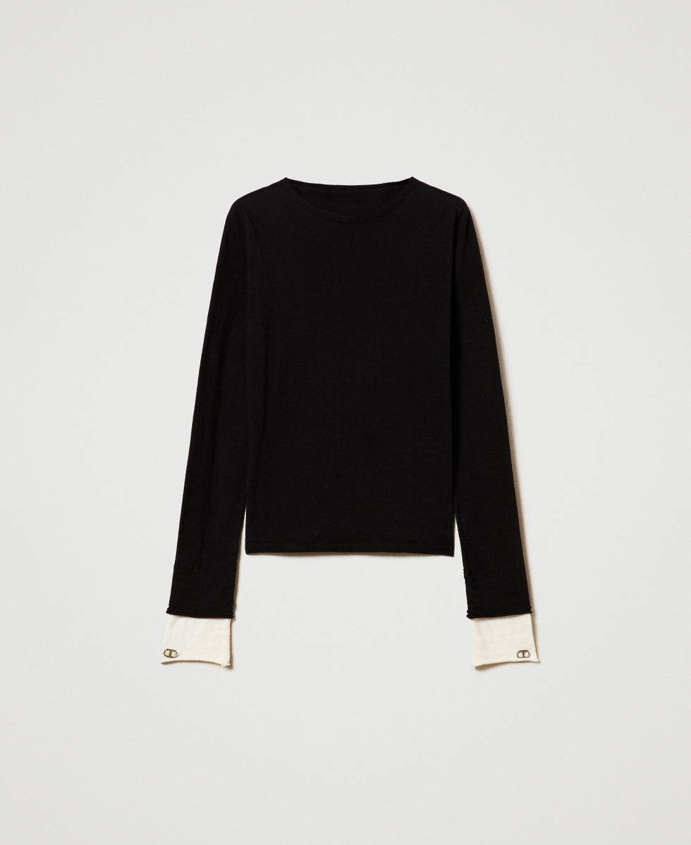 Pull avec d&eacute;tails contrast&eacute;s et Oval T Bicolore Noir/Blanc Neige Femme 242TF3020_12063_S0