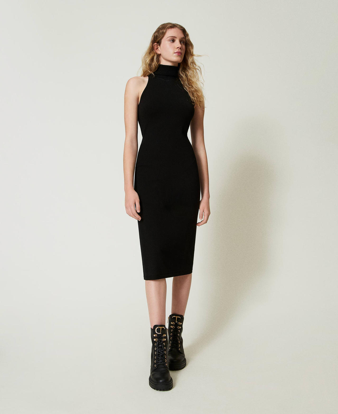 Knit halter neck midi dress Woman, Black | TWINSET Milano