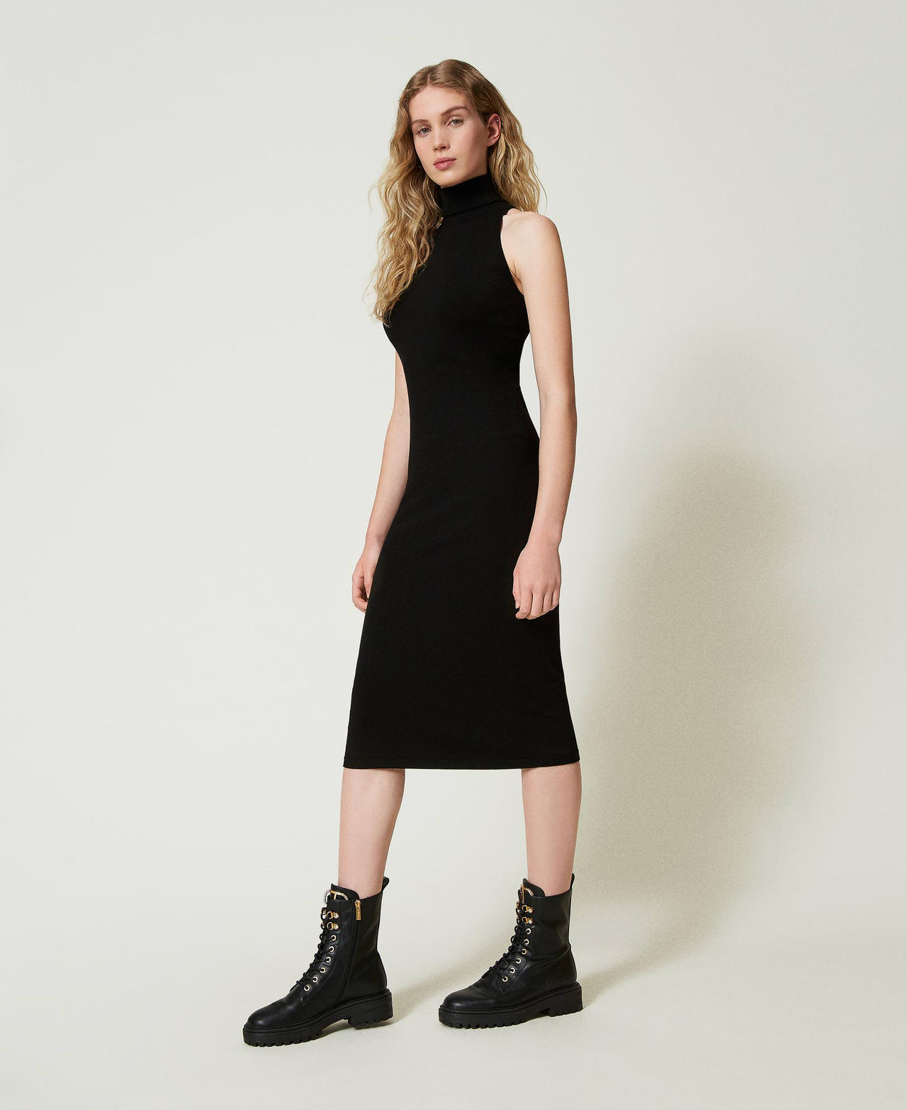 Knit halter neck midi dress Black Woman 242TF3030_00006_02