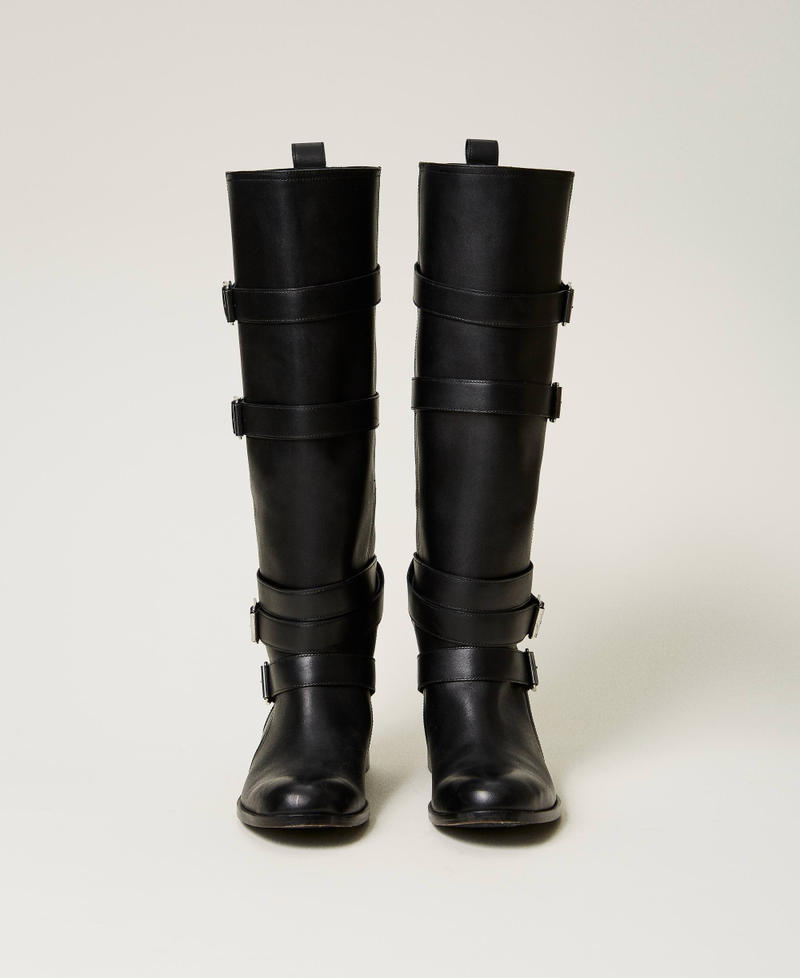 Leather boots with straps