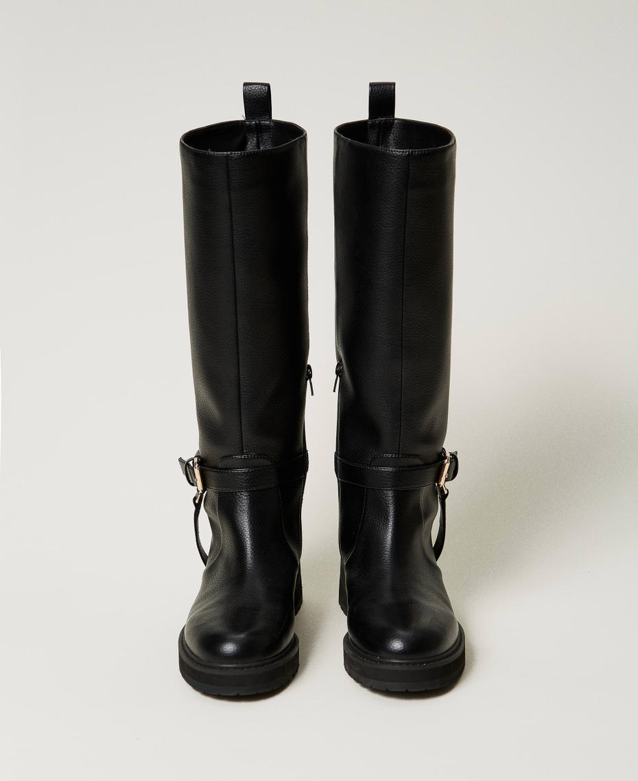 Leather biker boots with Oval T Black Woman 242TGT172_00006_04