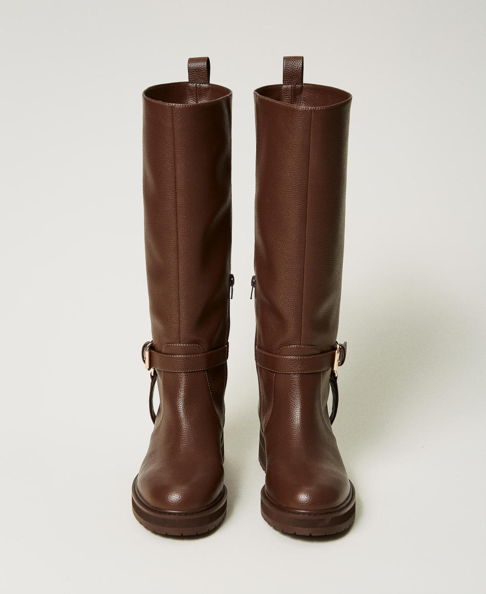 Leather biker boots with Oval T Woman Brown TWINSET Milano