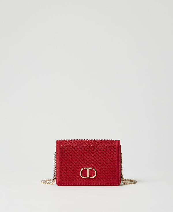 Mini satin shoulder bag with rhinestones