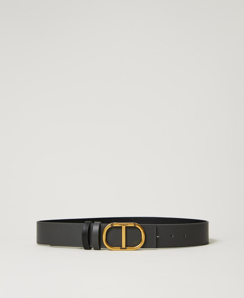 Reversible leather belt with Oval T Two-tone Charcoal Grey / Black Woman 242TO5470_12012_01