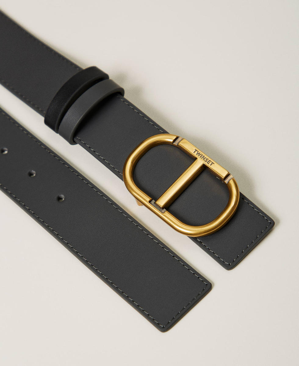 Reversible leather belt with Oval T Woman, Grey | TWINSET Milano