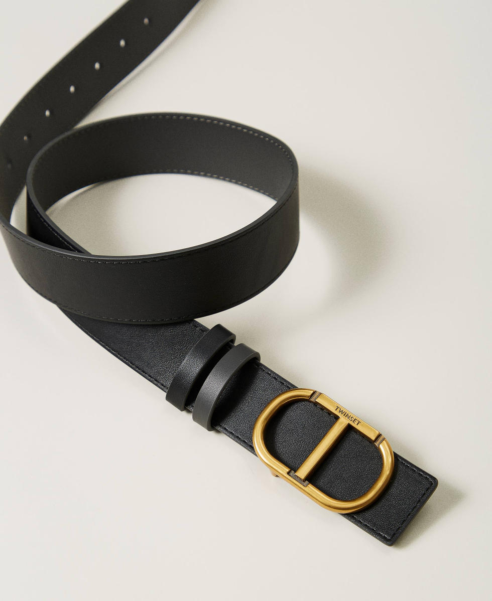 Reversible leather belt with Oval T Woman, Grey | TWINSET Milano