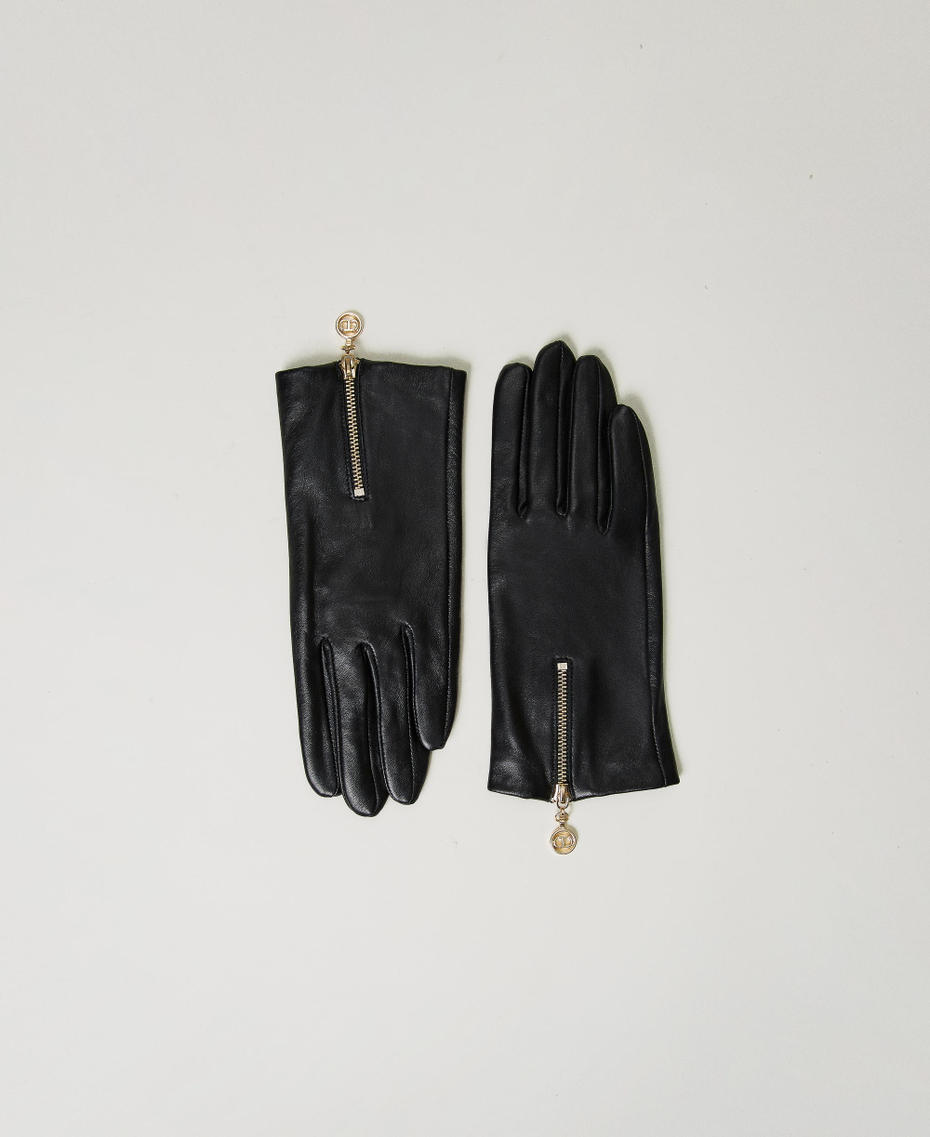 Leather gloves with zip and Oval T Black Woman 242TO5561_00006_01