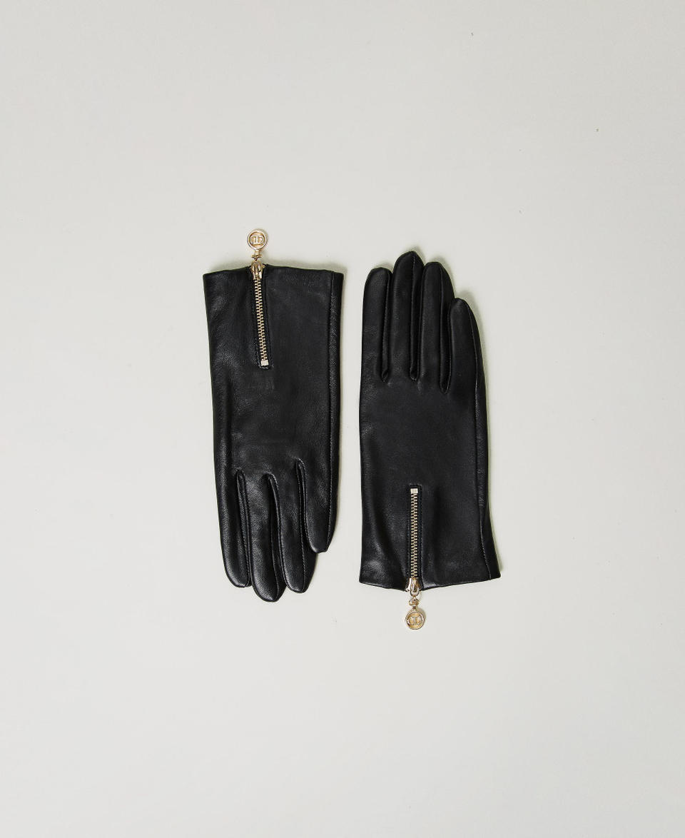 Twin Set Guanti in pelle con zip e Oval T
