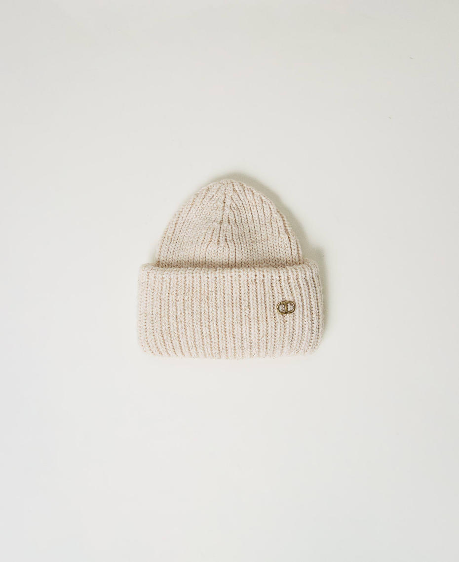 Ribbed knit beanie with Oval T White Cream Woman 242TO5730_11952_01