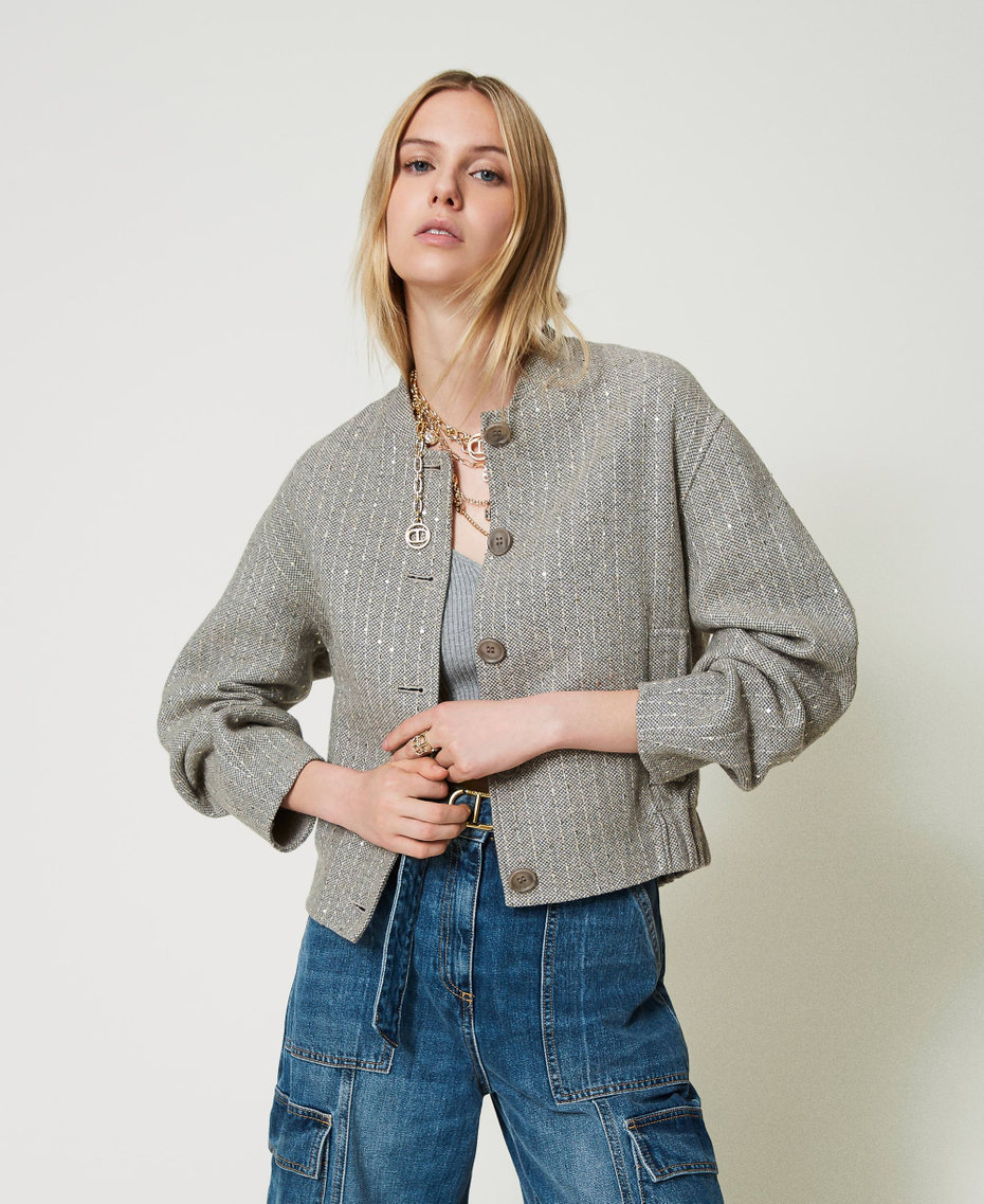Bomber en drap double avec sequins Double Rayure Gris Chiné Femme 242TP2051_11747_01