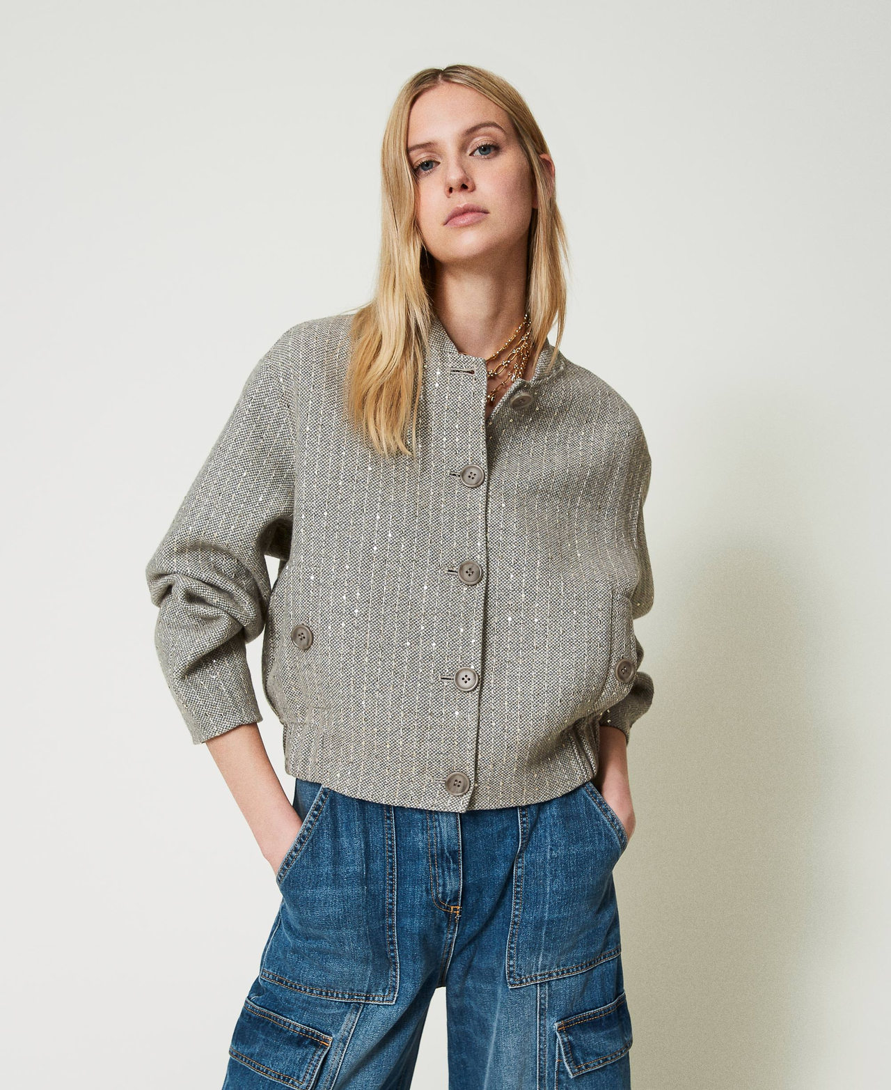 Bomber en drap double avec sequins Double Rayure Gris Chiné Femme 242TP2051_11747_02