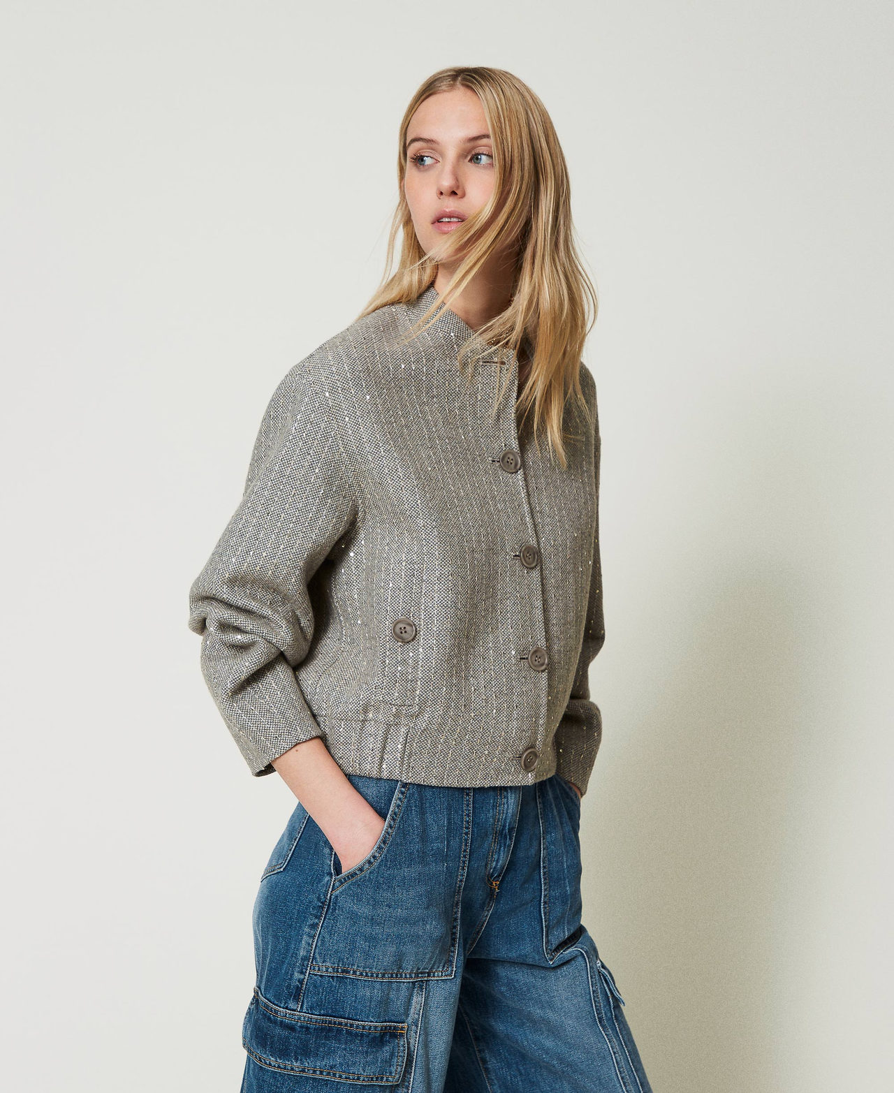 Bomber en drap double avec sequins Double Rayure Gris Chiné Femme 242TP2051_11747_03