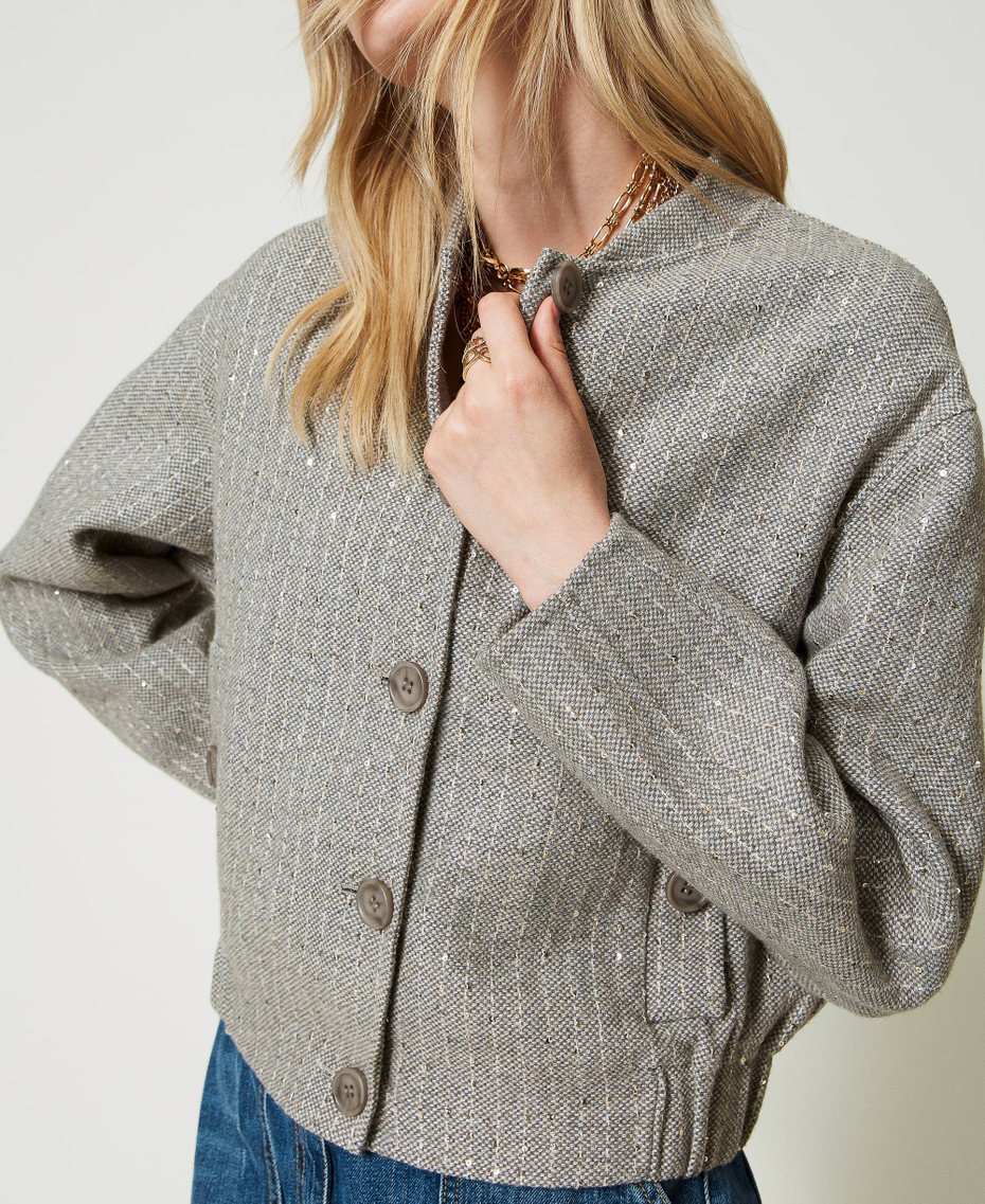 Doubled wool cloth bomber jacket with sequins Melange Grey Double Pinstripe Woman 242TP2051_11747_05