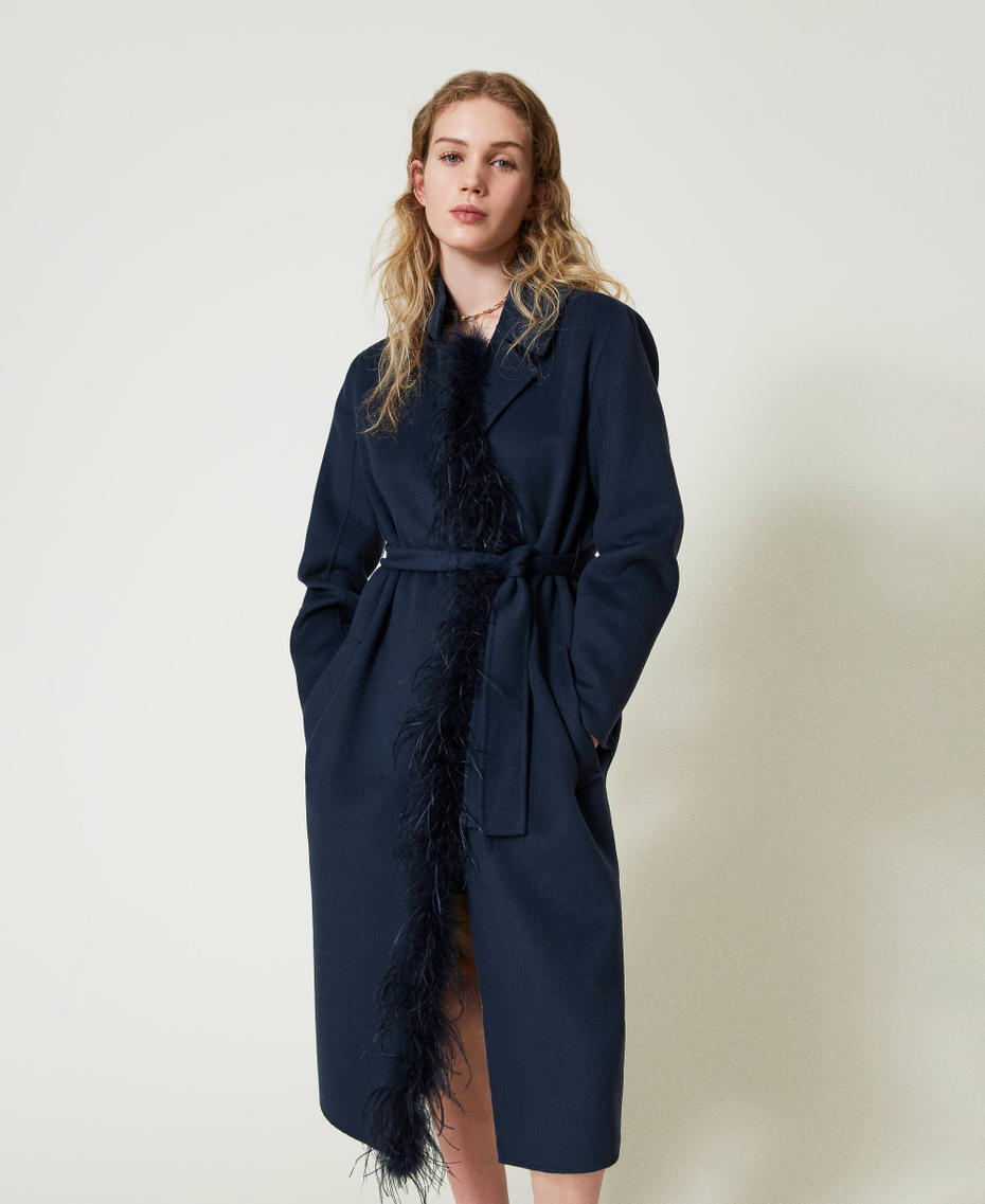 Doubled wool blend cloth coat with feathers Indigo Woman 242TP2065_00384_01