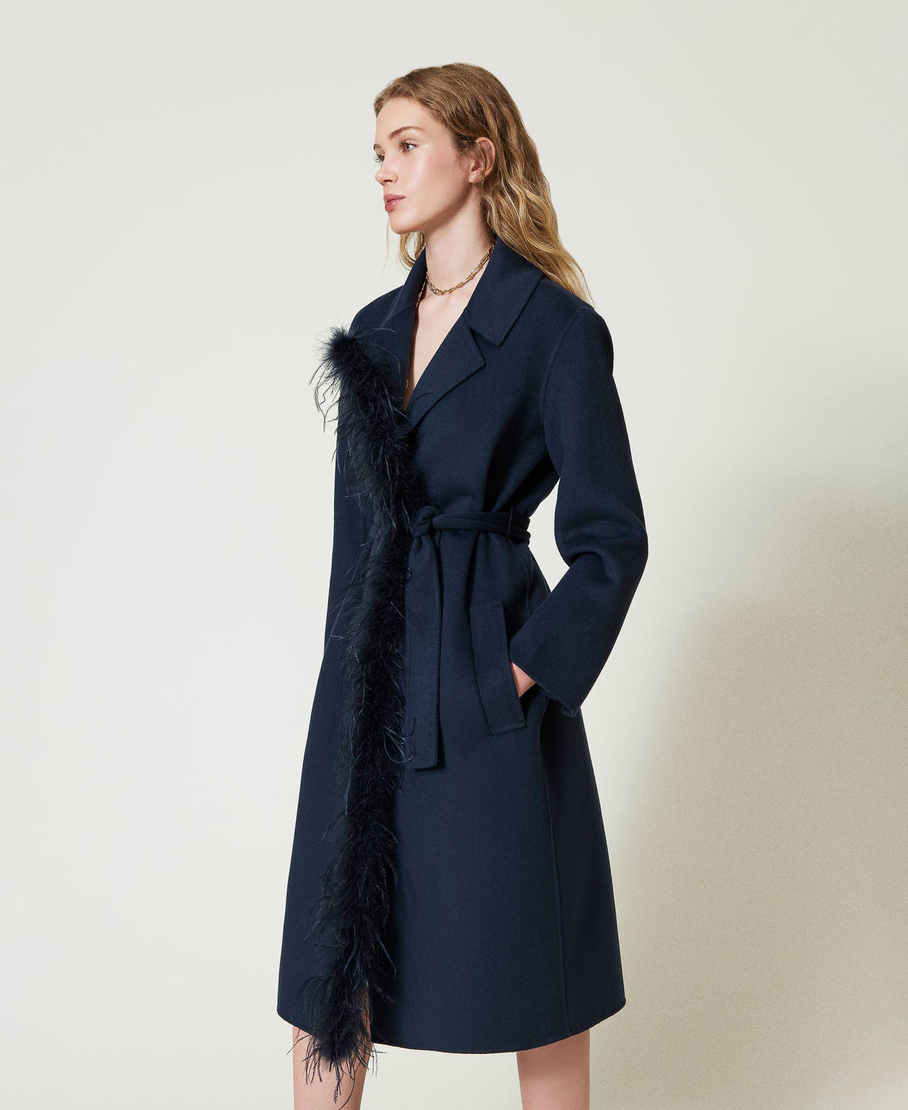 Doubled wool blend cloth coat with feathers Indigo Woman 242TP2065_00384_02