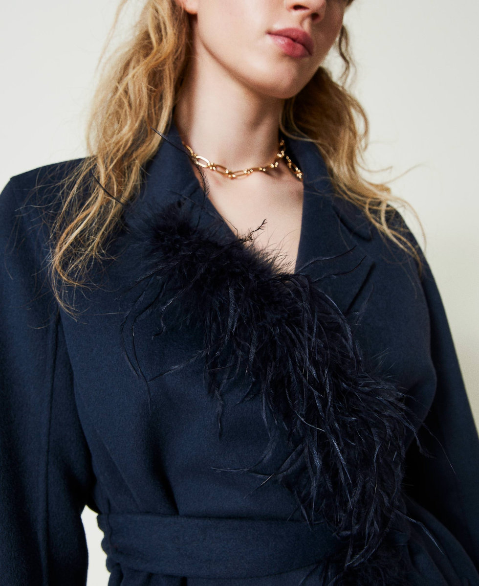 Doubled wool blend cloth coat with feathers Woman Blue TWINSET Milano