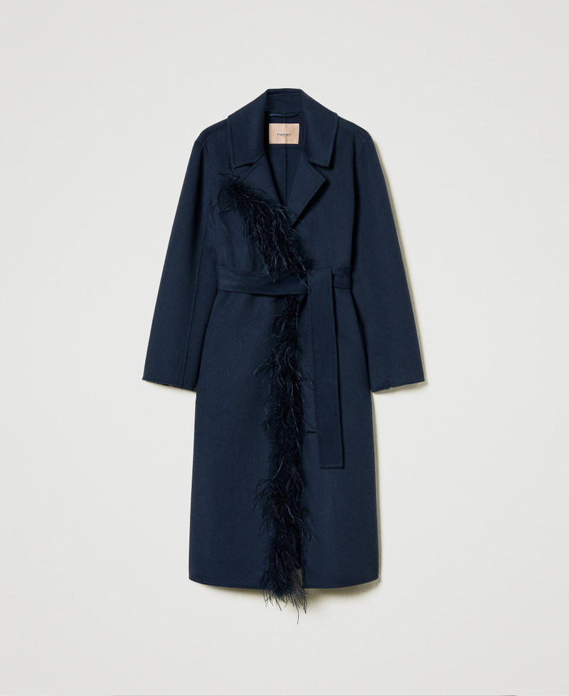 Doubled wool blend cloth coat with feathers Indigo Woman 242TP2065_00384_0S