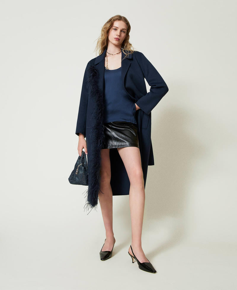 Doubled wool blend cloth coat with feathers Indigo Woman 242TP2065_00384_0T