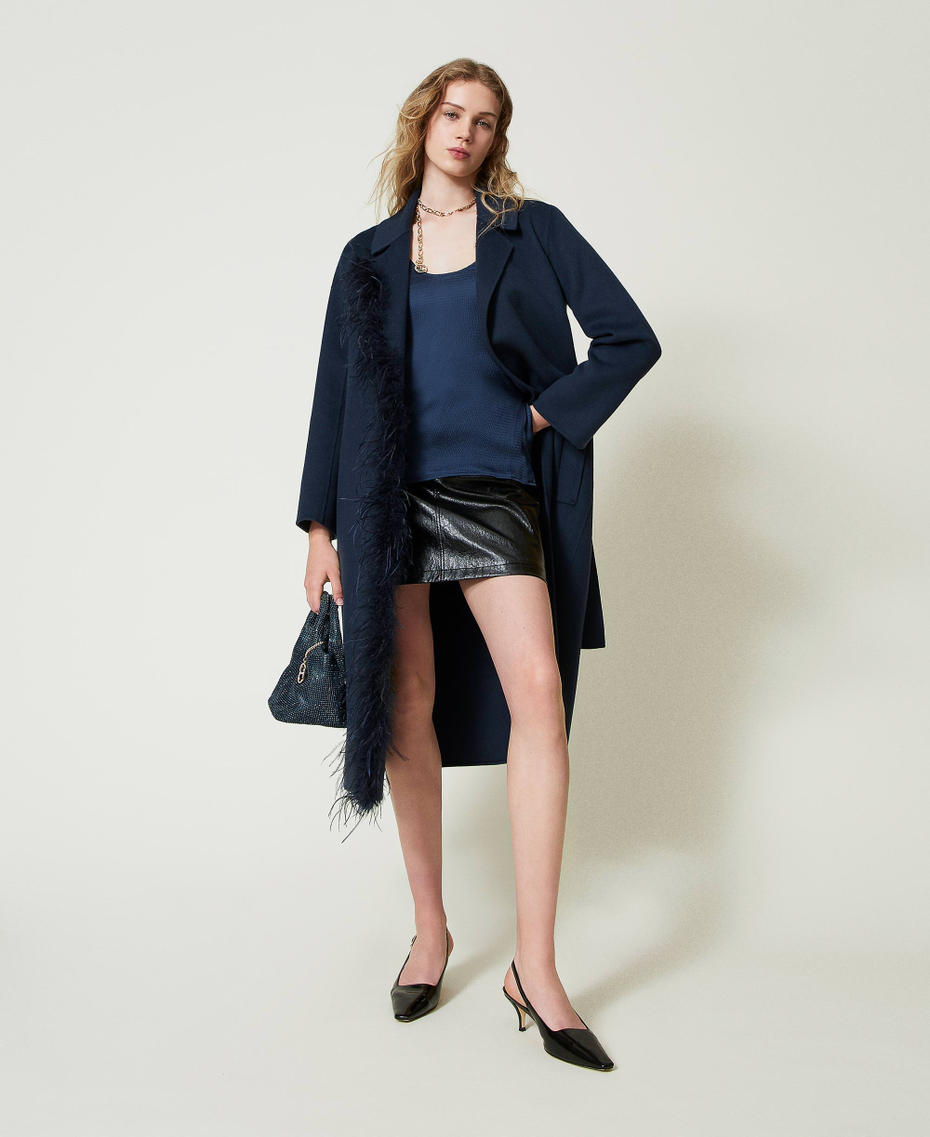 Doubled wool blend cloth coat with feathers Indigo Woman 242TP2065_00384_0T