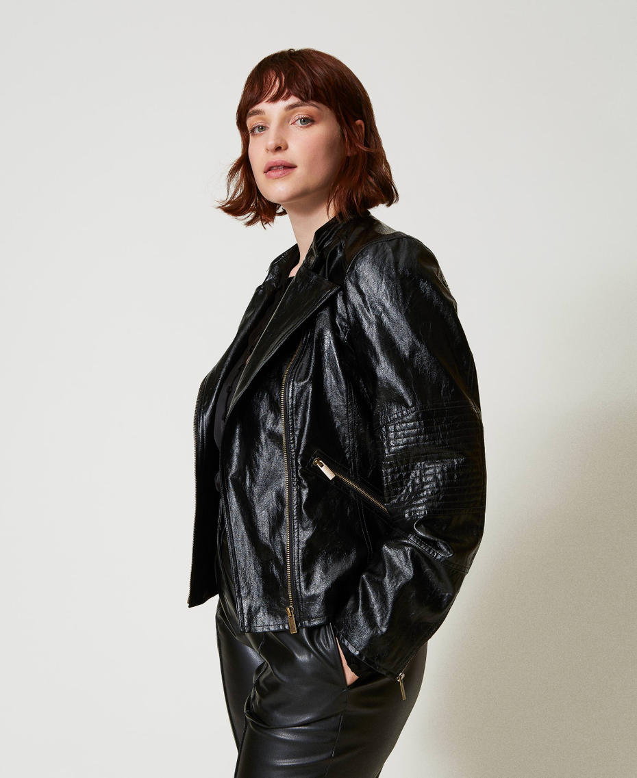 Leather-like biker jacket with zip Black Woman 242TP2070_00006_01