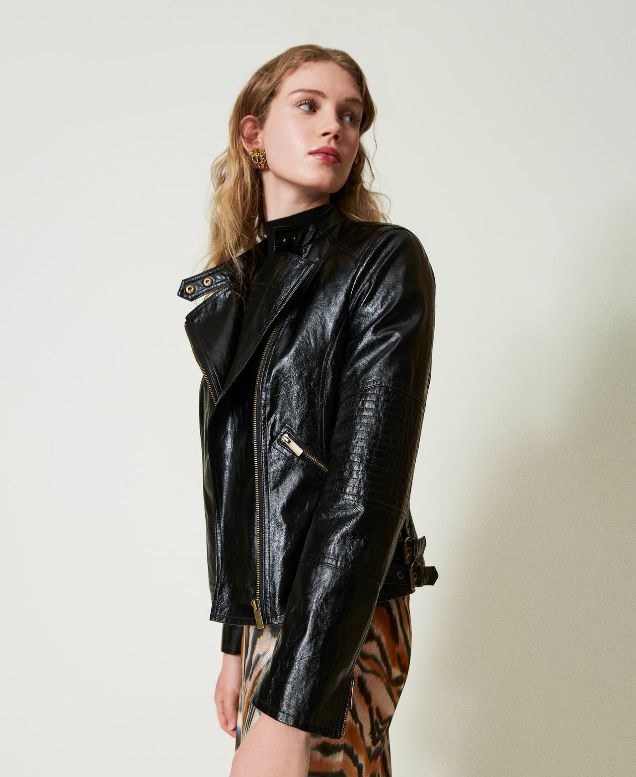 Leather-like biker jacket with zip Black Woman 242TP2070-02