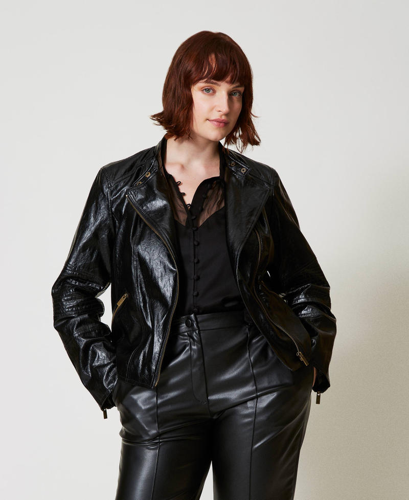 Leather-like biker jacket with zip Black Woman 242TP2070_00006_02
