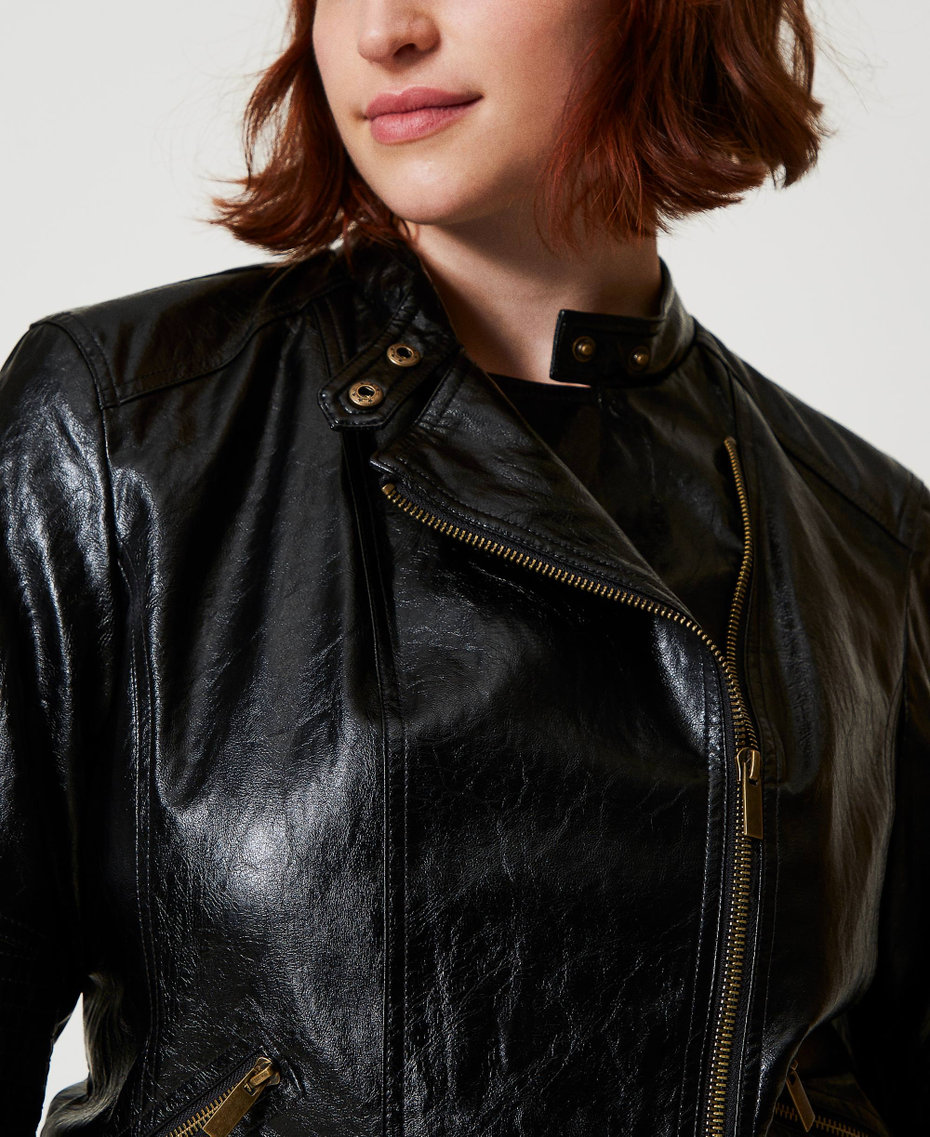 Leather-like biker jacket with zip Black Woman 242TP2070_00006_05