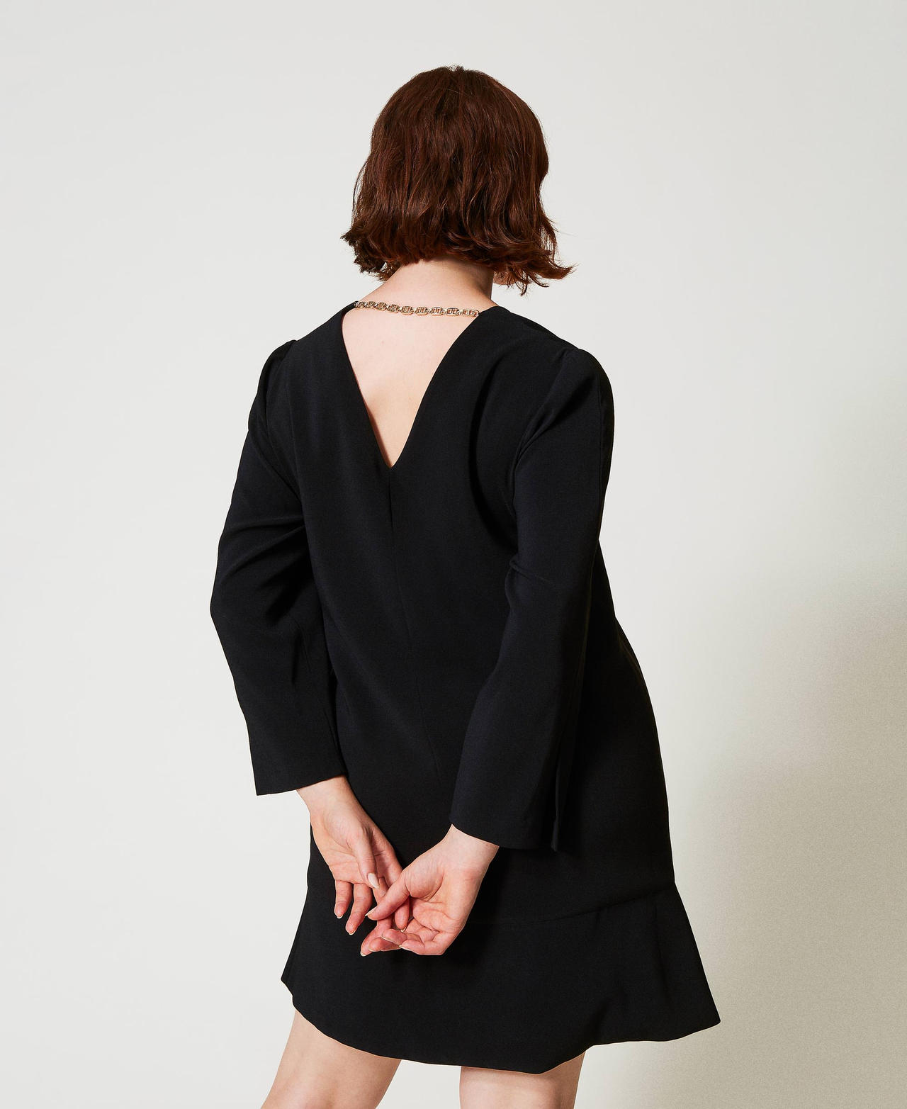 Short dress with flounce and Oval T chain Black Woman 242TP208D_00006_03