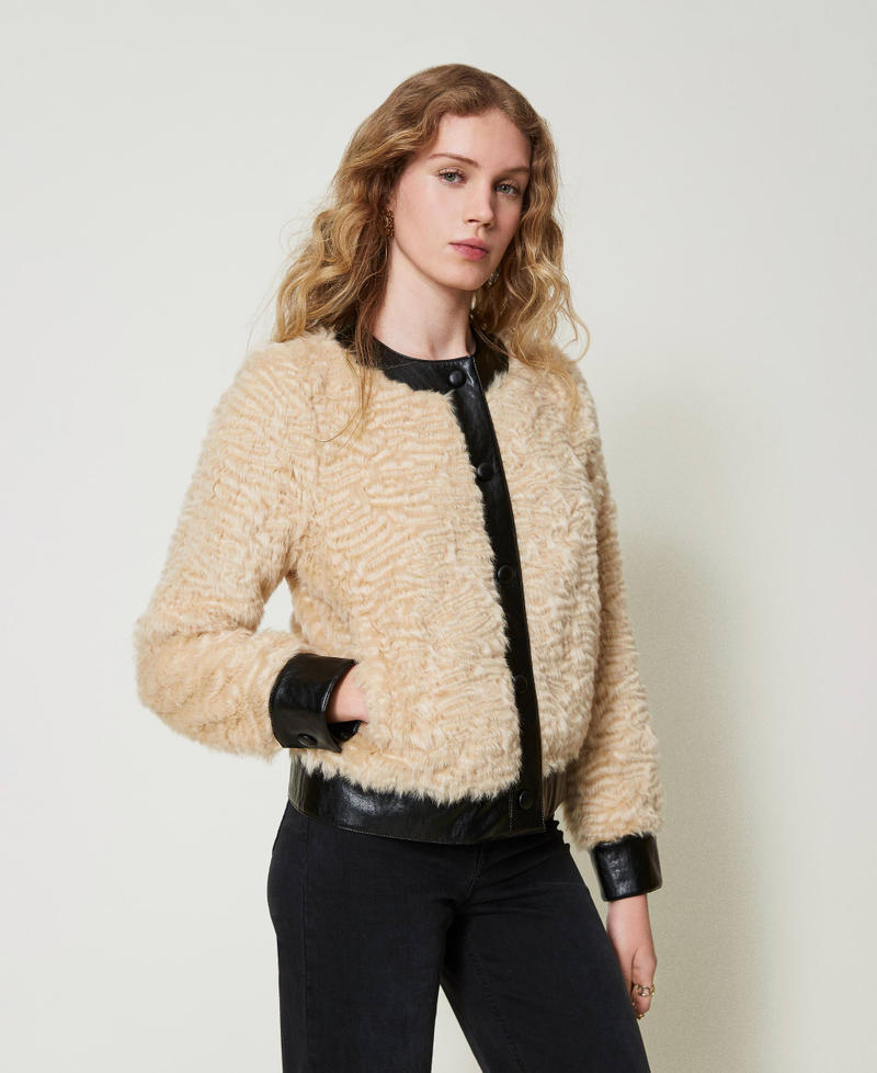 Faux fur boxy jacket  Two-tone Ivory / Black Woman 242TP2092_06451_02