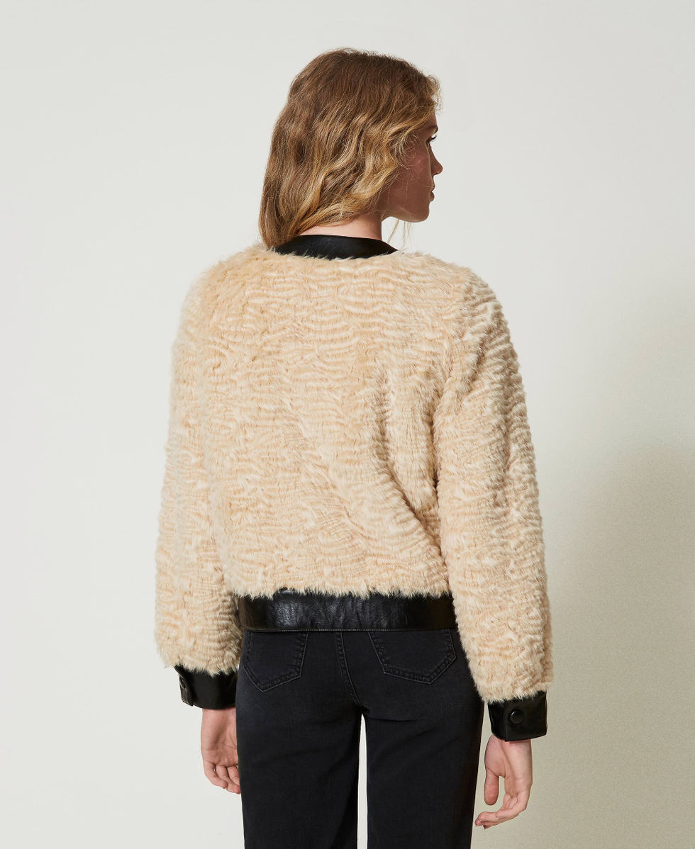 Faux fur boxy jacket  Two-tone Ivory / Black Woman 242TP2092_06451_03