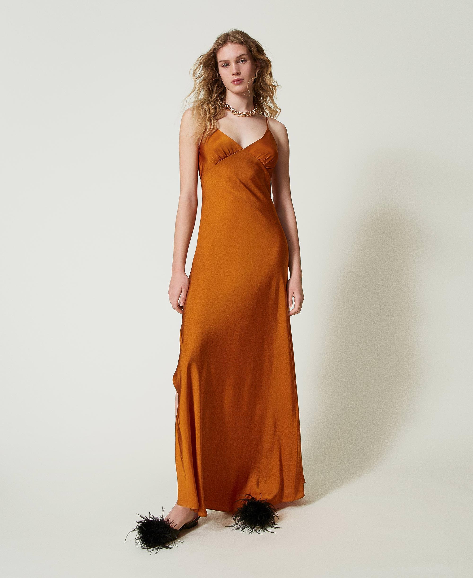 Long satin dress with thin shoulder straps