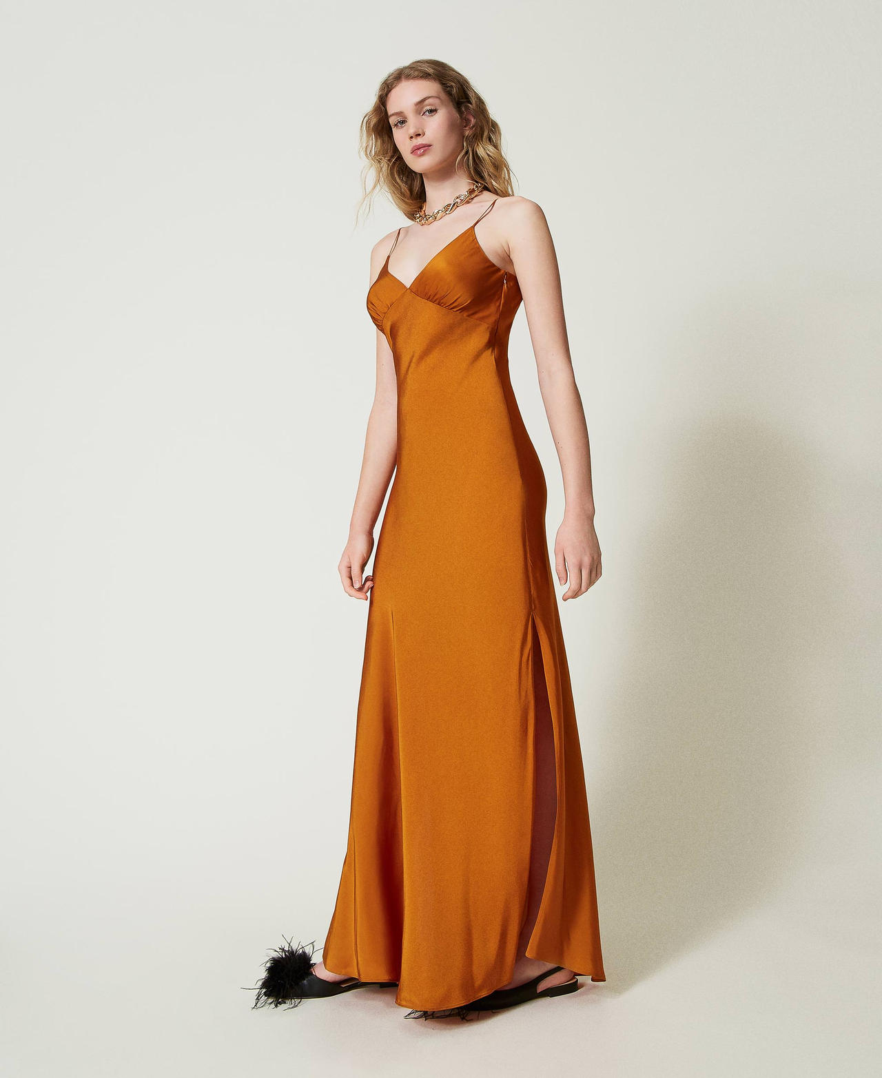 Long satin dress with thin shoulder straps Tennè Orange Woman 242TP2139-02