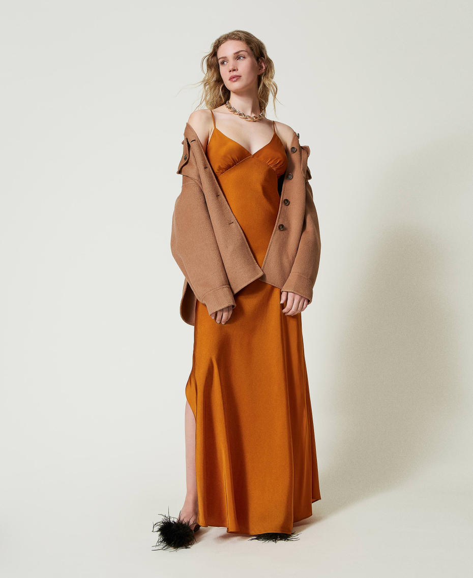 Long satin dress with thin shoulder straps Tenn&egrave; Orange Woman 242TP2139_11749_T0