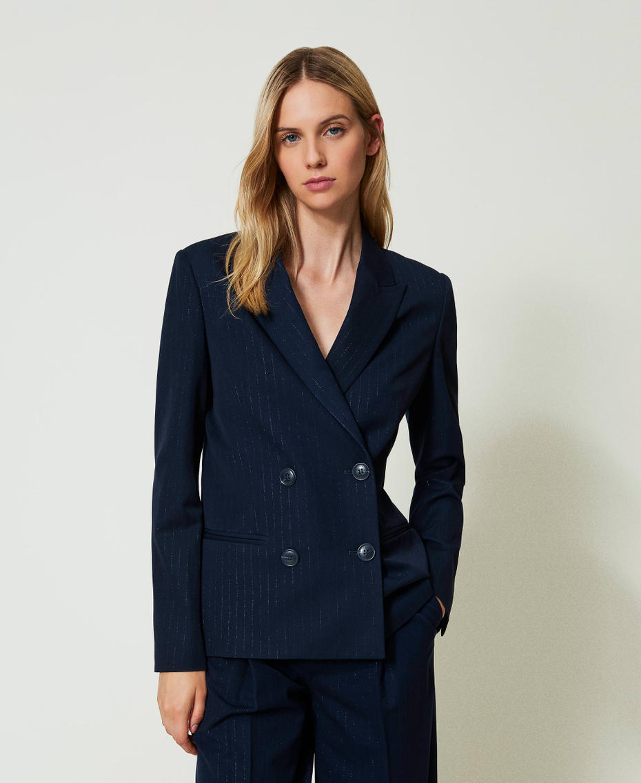 Lurex pinstripe blazer Lurex Pinstripe Indigo Woman 242TP2150_11763_01