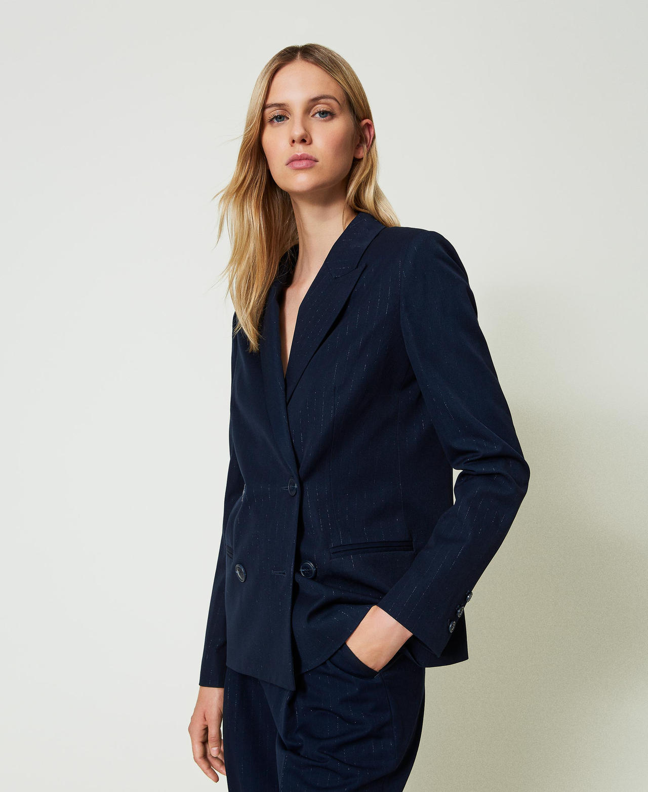 Blue pinstripe blazer sale