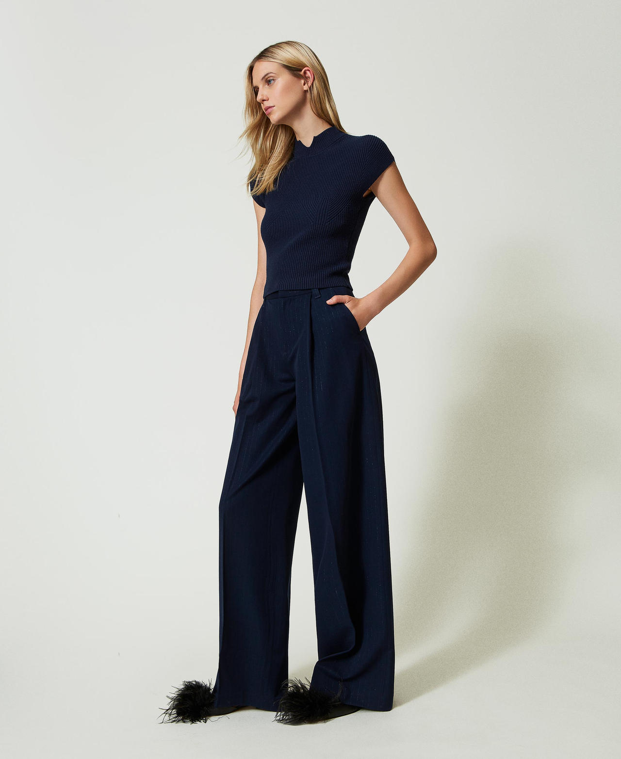 Lurex pinstripe wide leg trousers Lurex Pinstripe Indigo Woman 242TP2151_11763_02