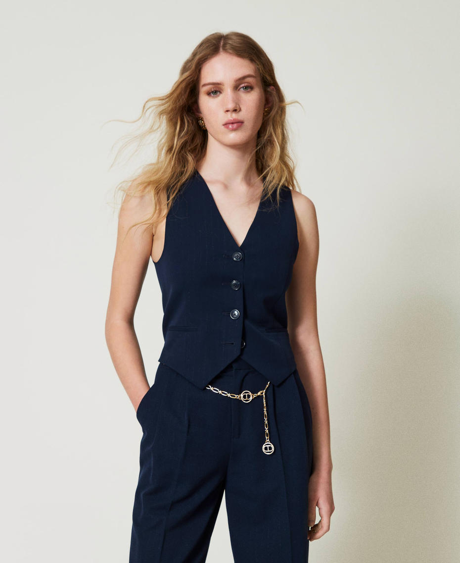 Lurex pinstripe fitted waistcoat Lurex Pinstripe Indigo Woman 242TP2158_11763_01