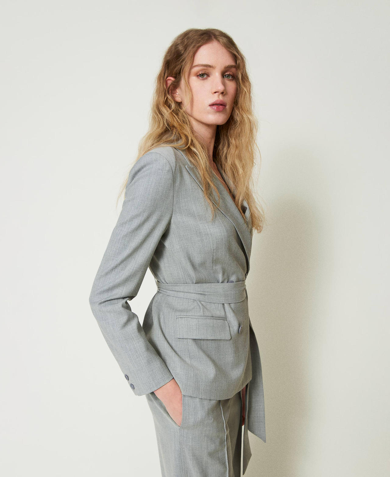 Wool blend blazer with belt Medium Gray Mélange Woman 242TP2160_0082M_02