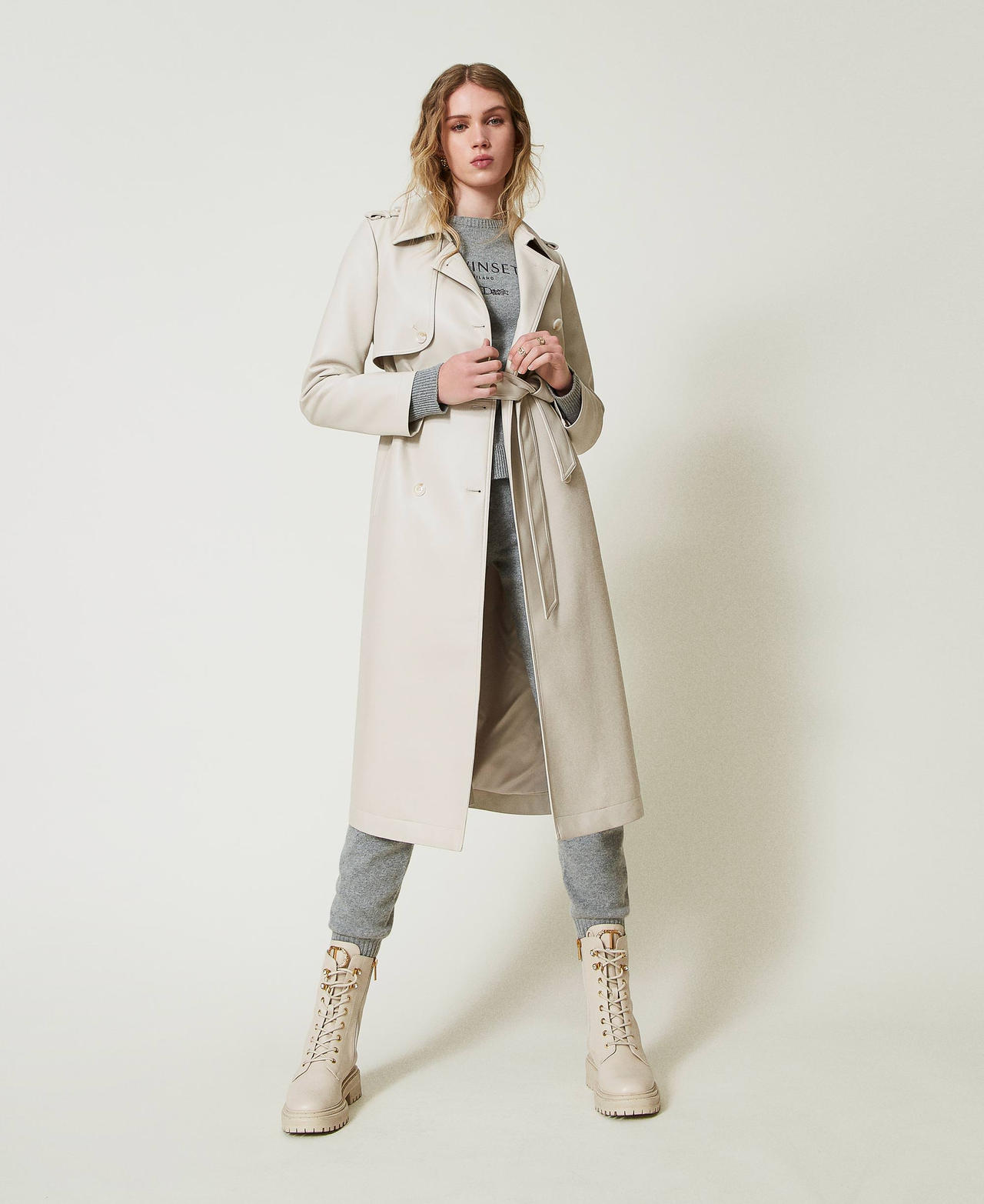 Trench lungo spalmato con cintura Bianco "Old White" Donna 242TP2200_11748_01