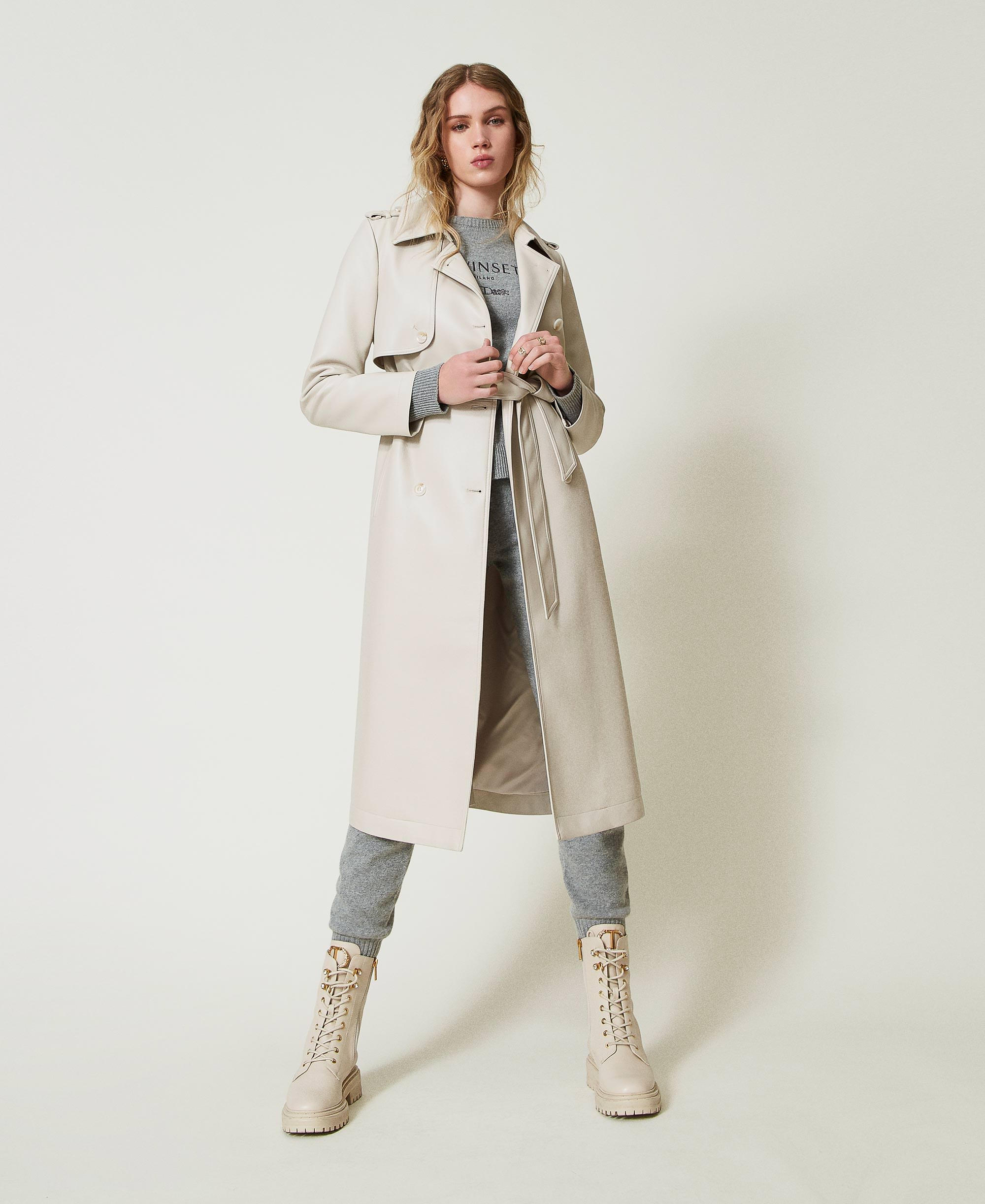 Long coated fabric trench coat with belt