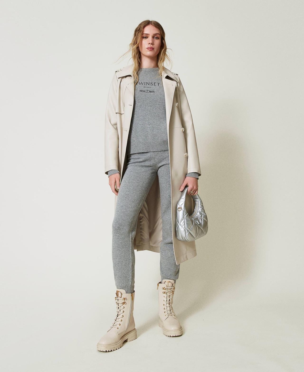 Long coated fabric trench coat with belt Woman, White