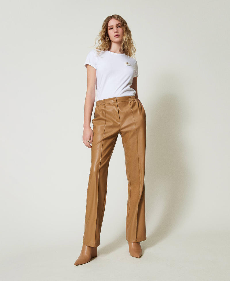 Leather-like trousers with elasticated waist Sandy Brown Woman 242TP2201_11754_01