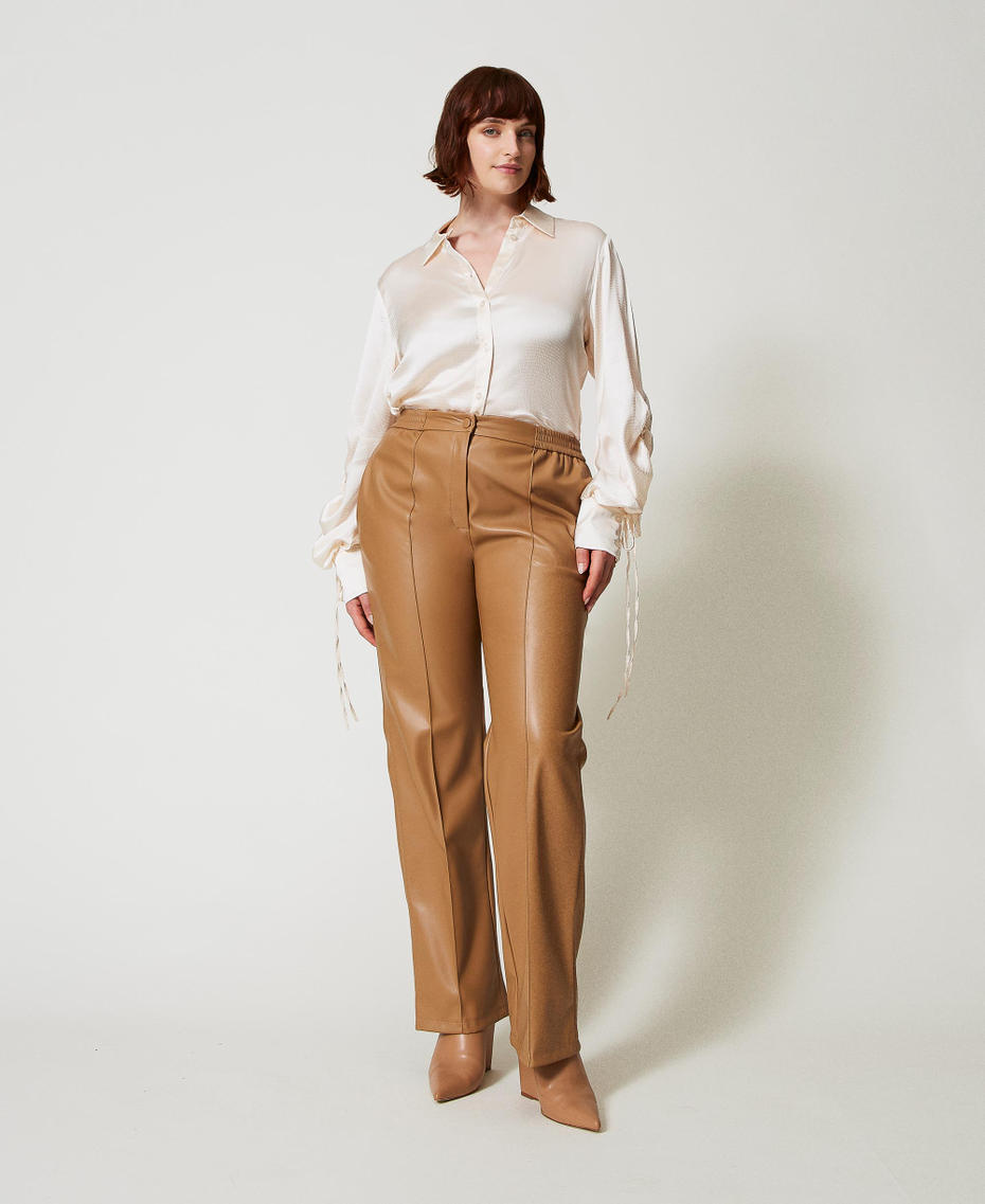 Leather-like trousers with elasticated waist Sandy Brown Woman 242TP2201_11754_01