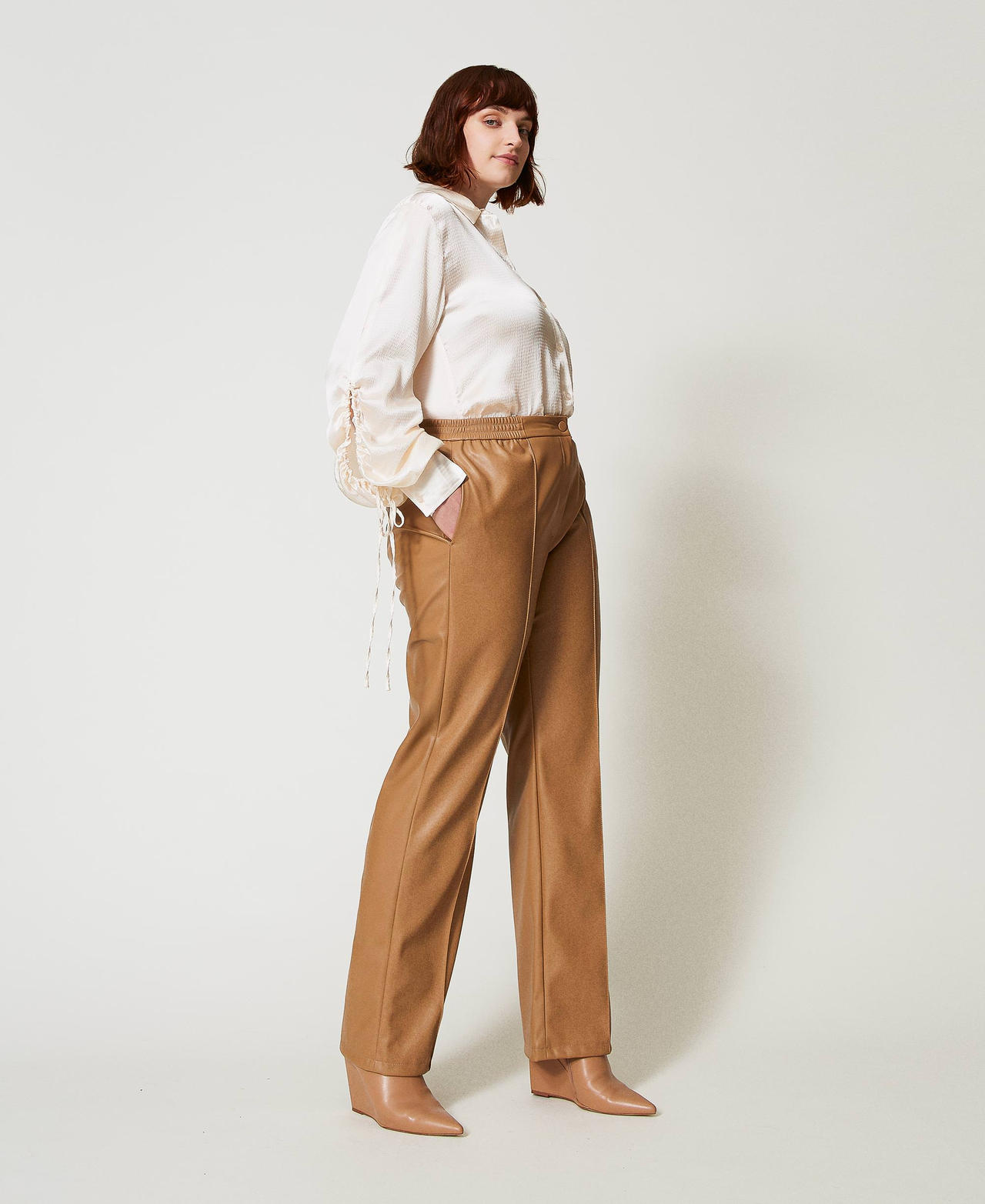 Leather-like trousers with elasticated waist Sandy Brown Woman 242TP2201_11754_02