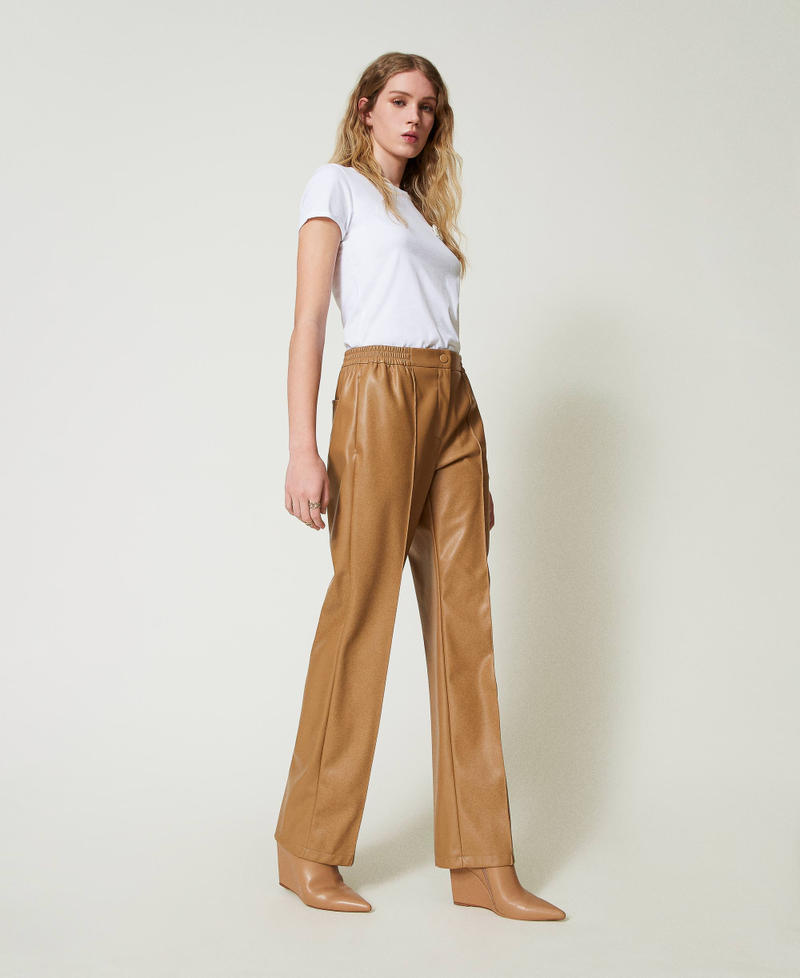 Leather-like trousers with elasticated waist Sandy Brown Woman 242TP2201_11754_02