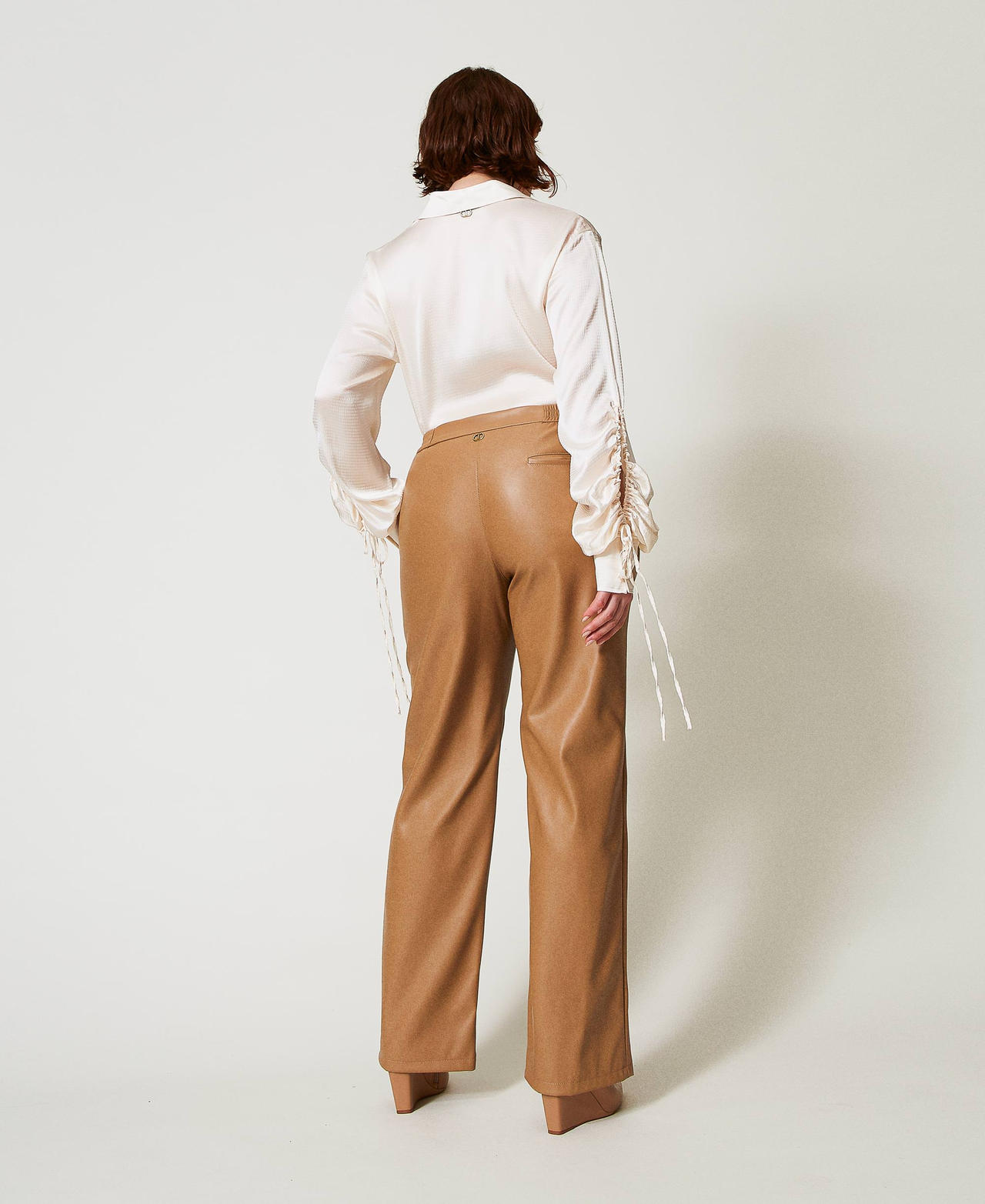 Leather-like trousers with elasticated waist Sandy Brown Woman 242TP2201_11754_03