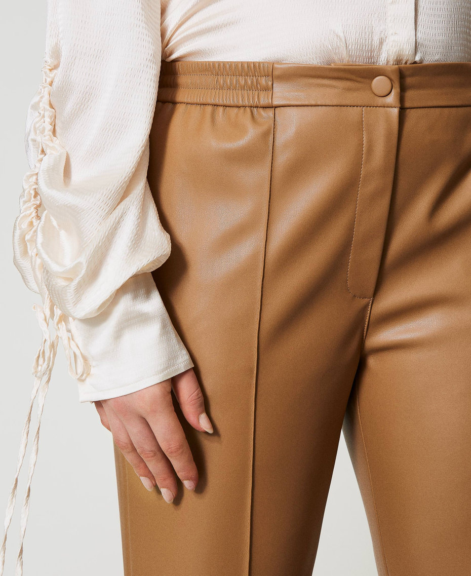 Leather-like trousers with elasticated waist Sandy Brown Woman 242TP2201_11754_04